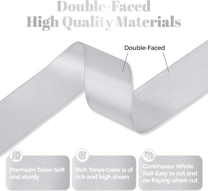 Silver Satin Ribbon, Double Faced 1 Inch X 50 Yards Silver Ribbon, Premium Satin Ribbon for Gift Wrapping, Crafts, Hair Bow Making, Sewing, Flower Bouquet, Wedding Party Decor