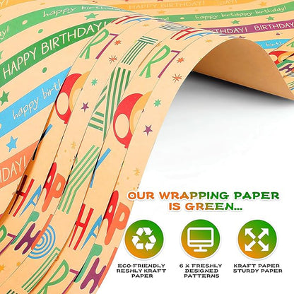 Wrapping Paper Birthday Gift Wrapping Paper Sheets Set, Kraft Birthday Gift Wrap Set,Balloon Star Happy Birhtday Paper with Tags String,Bday Present Wrap for Boy Girl Women Men
