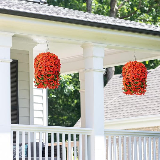 HyeFlora Artificial Fake Hanging Flowers Plants Baskets for Outdoor Decoration, Faux Silk Orange Morning Glory in Planter UV Resistant Look Real for Home Porch Patio Balcony Yard Decor