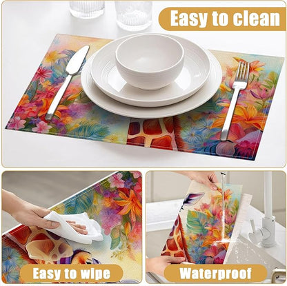 Watercolor Giraffe Placemats Set of 6, Flower Floral Linen Place Mat Washable Stain Resistant Table Mats for Farmhouse Kitchen Party Wedding Decor 12x18 Inch