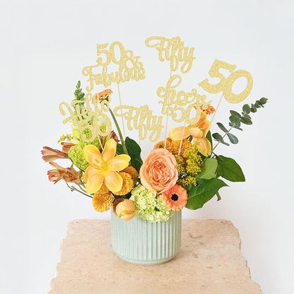 Gyufise 15Pcs 50th Birthday Centerpiece Sticks Fifty Happy 50th Table Flower Centerpieces Sticks Cheers to 50 Floral Decorations for 50th Birthday Party Centerpieces Supplies Gold