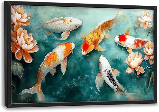 Carp Fish Large Wall Art Framed Japanese Wall Decor for Living Room Asian Fish Pictures Oversized Canvas Print Painting Modern Extra Large Framed Artwork for Bedroom Office Home Decor 36"x24"