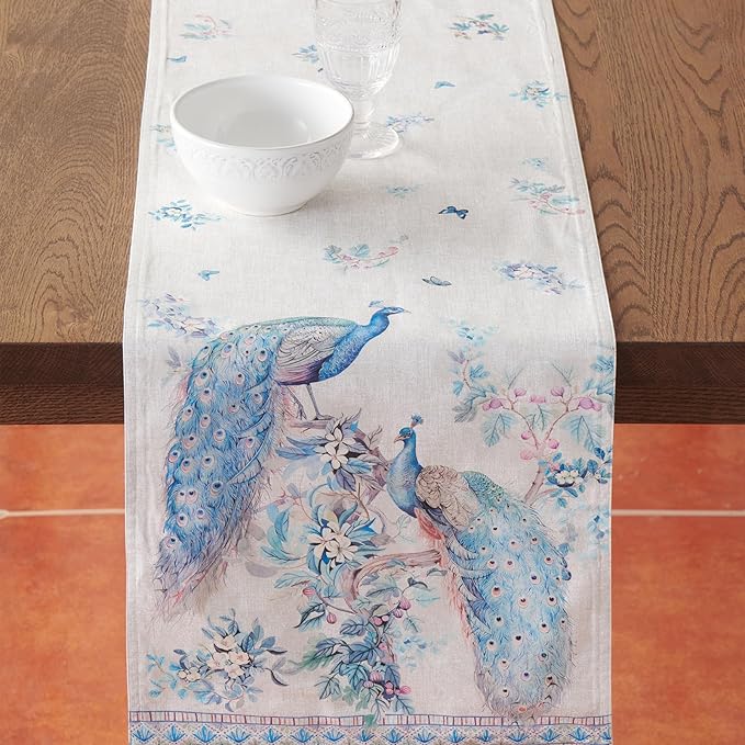Maison d' Hermine Tablerunner 14.50"x108" 100% Combed Cotton Premium Decorative Runners, Kitchen, Party, Wedding, Restaurant & Camping, Peacock Utopia (Double Layer)