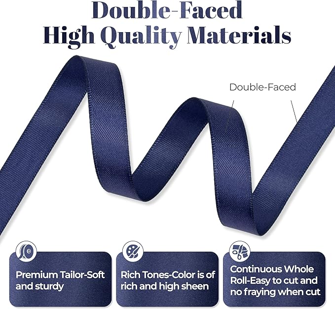 Navy Blue Satin Ribbon, Double Faced 1/2 Inch X 50 Yards Navy Blue Ribbon, Premium Satin Ribbon for Gift Wrapping, Crafts, Hair Bow Making, Sewing, Flower Bouquet, Wedding Party Decor