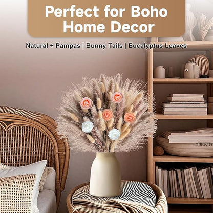 Pampas Grass Boho Home Decor 101PCS 17 inch Natural Dried Flowers for Vase Pompas Eucalyptus Stems, Artificial Flowers Bouquet DIY Arrangements Boho Wedding Bedroom Tables Rustic Decoration