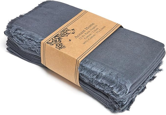 ACCENTHOME Grey Cotton Linen Napkin Set of 12 18x18 inch Dinner Napkins - Washable Soft Premium Hotel Quality Reusable Hemmed Edges Napkins Perfect Table Linens for Family Dinners, Weddings
