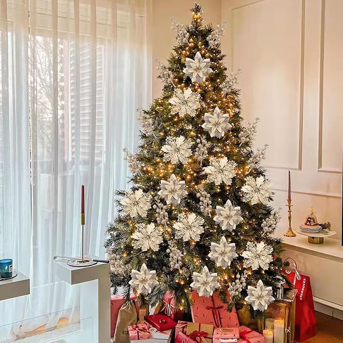 22 Pcs Champagne Christmas Poinsettia Artificial Flowers and Glitter Berries Stems Kit, Christmas Poinsettias Decorations and Christmas Tree Ornaments for Xmas Home Wedding Holiday Tree Decor