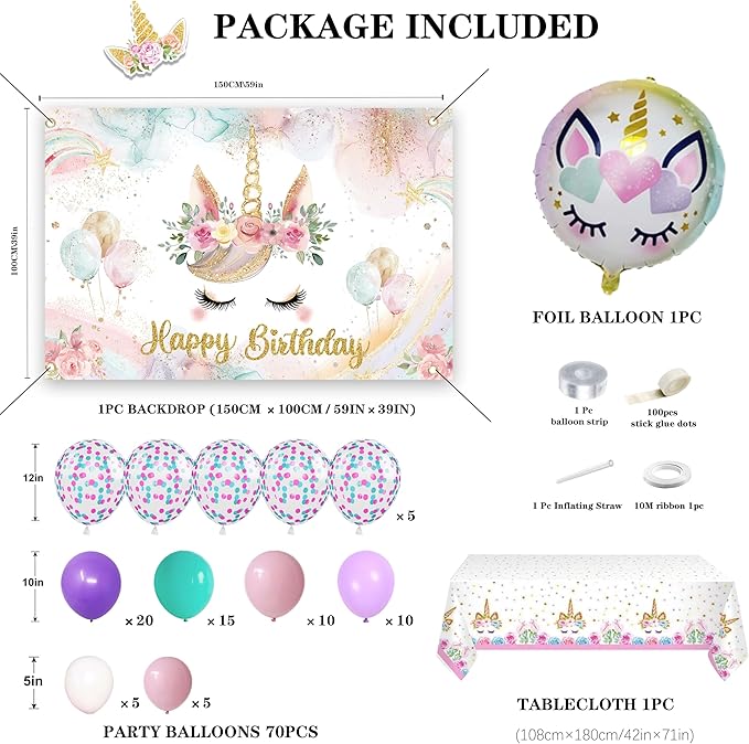 Unicorn Birthday Party Decorations For Women Girls,Happy Birthday Banner,Purple Pink Balloon Arch Kit,Foil Balloons,Cake toppers