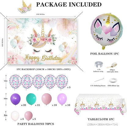 Unicorn Birthday Party Decorations For Women Girls,Happy Birthday Banner,Purple Pink Balloon Arch Kit,Foil Balloons,Cake toppers