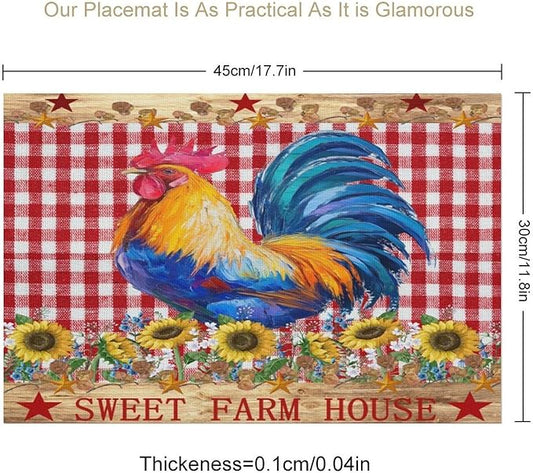 Farm Rooster Placemats, Vintage Rustic Farmhouse Lattice Sunflower Flower Chicken Animal Print Washable Fabric Placemats Table Kitchen Dining Party 12x18 Inch Set of 4