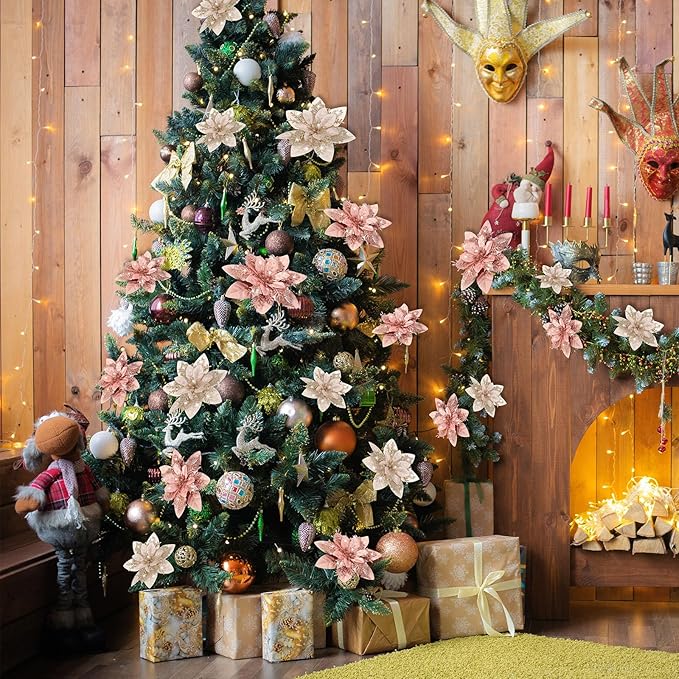 Geosar 24 Christmas Glitter Artificial Poinsettia Flowers Xmas Poinsettia Wedding Flowers Decorations Xmas Tree Ornaments with Clips for Party Favors, 6 Inch, 4 Inch, 3 Inch(Gold and Rose Gold)