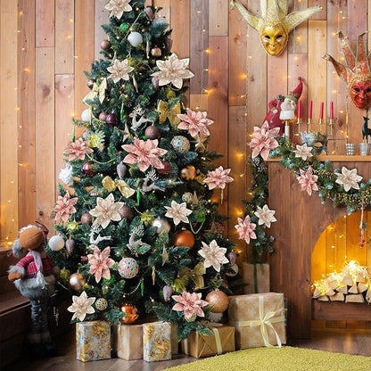 Geosar 24 Christmas Glitter Artificial Poinsettia Flowers Xmas Poinsettia Wedding Flowers Decorations Xmas Tree Ornaments with Clips for Party Favors, 6 Inch, 4 Inch, 3 Inch(Gold and Rose Gold)