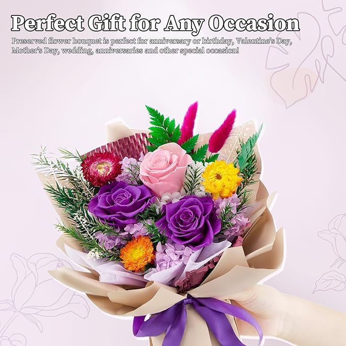 Forever Flowers Gifts for Her, Preserved Flowers Bouquet Birthday Gifts for Women, Preserved Roses for Grandma Wife Anniversary Valentine's Day Mother's Day (Purple Paper)