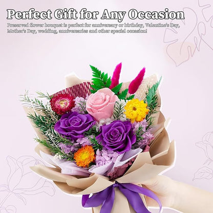 Forever Flowers Gifts for Her, Preserved Flowers Bouquet Birthday Gifts for Women, Preserved Roses for Grandma Wife Anniversary Valentine's Day Mother's Day (Purple Paper)