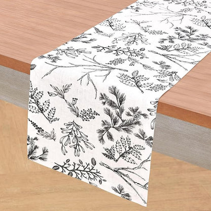 Solino Home 100% Pure Linen Christmas Table Runner 90 Inch Long - Black/White Table Runner 14 x 90 Inch - Handcrafted and Machine Washable - Winter Forest Print