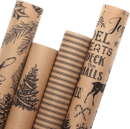 Ribbli Christmas Wrapping Paper, 4 Rolls Vintage Christmas Gift Wrapping Paper, Brown Kraft Paper with Black Pattern, 17 x120 inch(10ft) Per Roll