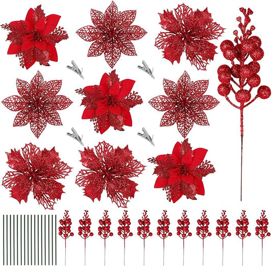 RECUTMS 66 Pcs 3 Styles Red Christmas Ornaments Christmas Glitter Poinsettia Flowers Artificial Christmas Tree Flower Decorations Wedding Wreath Floral Decorations (Red)