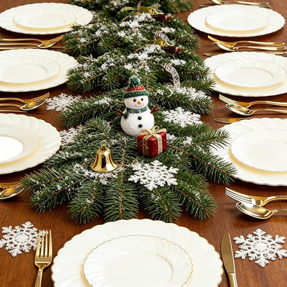 YOUBET 125PCS Scalloped Plastic Plates - Ivory Scalloped Disposable Plates - Gold Plastic Dinnerware Set Include 50 Plates, 75 Gold Silverware for Party & Wedding & Christmas