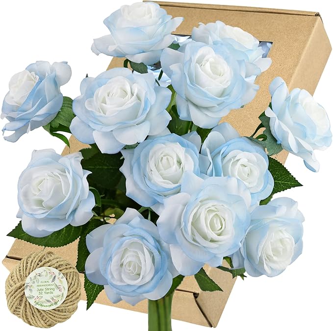 FiveSeasonStuff 12 Stems Artic ICY Blue Artificial Flowers Real Touch Silk Roses for Wedding Decoration, Packed in Gift Box