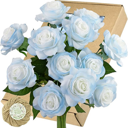 FiveSeasonStuff 12 Stems Artic ICY Blue Artificial Flowers Real Touch Silk Roses for Wedding Decoration, Packed in Gift Box