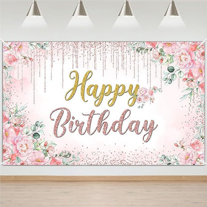 Avezano Happy Birthday Backdrop Banner for Girls Women Happy Birthday Banner Floral Glitters Happy Bday Background Party Supplies 70.8 x 43.3 Inch