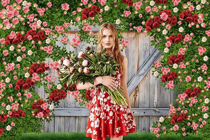 AOFOTO Barn Door Rose Backdrop Rustic Red Pink Beige Flowers Background Romantic Phtography Banner for Anniversary Wedding Decor Photo Studio Photobooth Props 10x8ft
