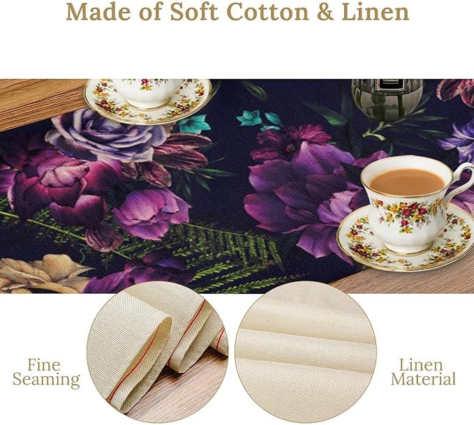 Gothic Flower Table Runner, Watercolor Vintage Dark Purple Floral Romantic Flower Blooming Table Runner for Home Kitchen Dining Table Decor, 13x36inch