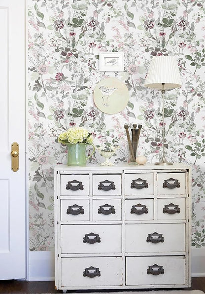 Erfoni 17.7" x 394" Removable Peel and Stick Wallpaper Floral and Leaf Contact Paper Boho Flower Self Adhesive Wallpaper DIY Vintage Wall Paper Decoration for Accent Wall Cabinets Decor Waterproof