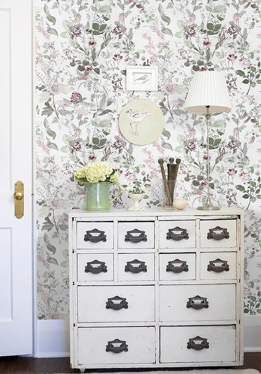 Erfoni 17.7" x 394" Removable Peel and Stick Wallpaper Floral and Leaf Contact Paper Boho Flower Self Adhesive Wallpaper DIY Vintage Wall Paper Decoration for Accent Wall Cabinets Decor Waterproof