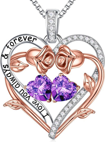 Iefil Rose Heart Double Birthstone Necklace Gifts for Wife Her Mom Women, Birthstone Jewelry Gemstone Birthday Gifts for Girlfriend Grandma Her Wife Women