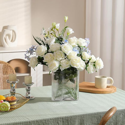12PCS Artificial Silk Flowers Realistic Roses Bouquet Long Stem for Home Wedding Decoration Party (White -2)