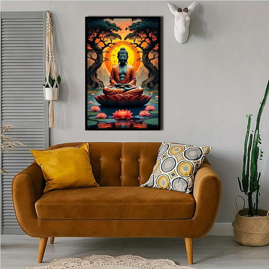 Canvas wall art Golden Buddha on lotus at sunset Ancient trees with reflections on water Serene meditation scene Uplifting wall art for mindfulness and tranquil home decor 20x30in Metal blackFramed