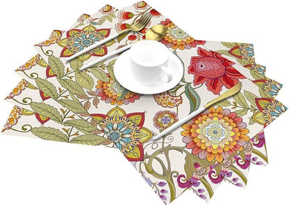 Boho Floral Placemats Set of 4, Flower Table Mats for Kitchen Dining Table, Colorful Decorative Place Mats Washable Linen Placemat 12"x18", Housewarming Gifts for New Home