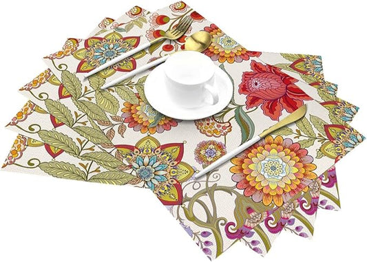 Boho Floral Placemats Set of 4, Flower Table Mats for Kitchen Dining Table, Colorful Decorative Place Mats Washable Linen Placemat 12"x18", Housewarming Gifts for New Home