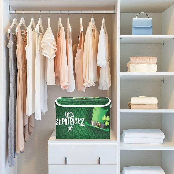 senya St. Patrick's Day Storage Baskets Collapsible Storage Bins with Lids, Saint Patrick's Day and Green Hat on Shamrock Storage Boxes Clothes Baskets for Organizing