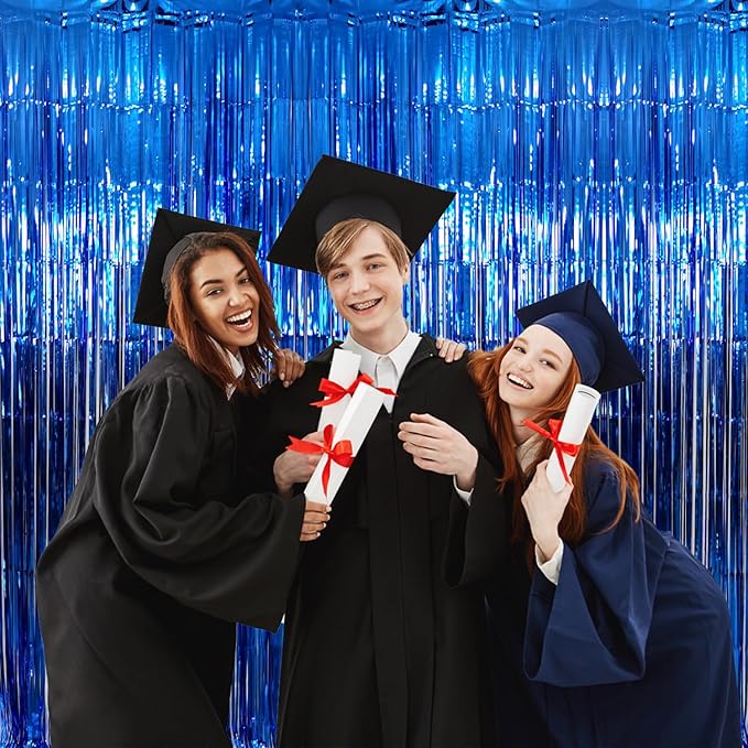 GOER 3.2 ft x 9.8 ft Metallic Tinsel Foil Fringe Curtains Party Photo Backdrop Party Streamers for Birthday,Graduation,New Year Eve Decorations Wedding Decor (Navy Blue,5 pcs)