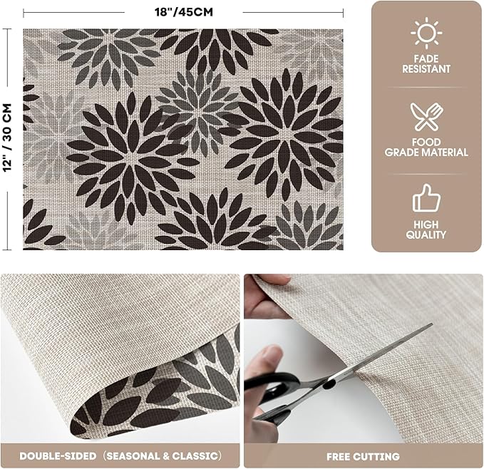 Artoid Mode Floral Vinyl Placemats Set of 6, Heat Resistant Washable Non-Slip Plistic PVC Place Mats for Party Kitchen Dining Decor, Black