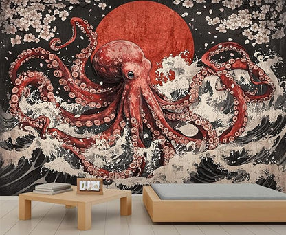 Japanese Wave Octopus Wall Mural, Japanese Traditional 3D Wall Murals, Ocean and Octopus Wallpaper Mural, for Living Room Bedroom Large Wallpaper Indoor Decor 169.3" W x118.2 H