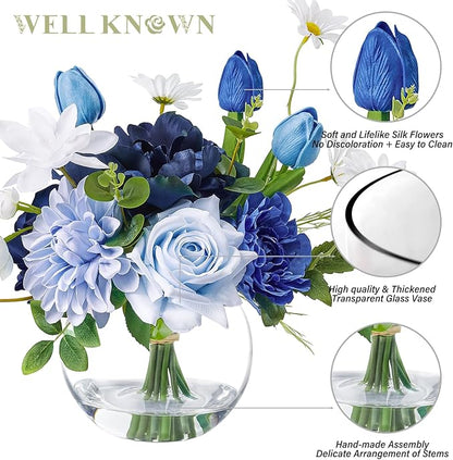 WELL KNOWN Artificial Flowers with Vase Silk Flower Arrangements in Round Bowl Vase with Faux Water for Home Table Decoration (Mixed Blue)