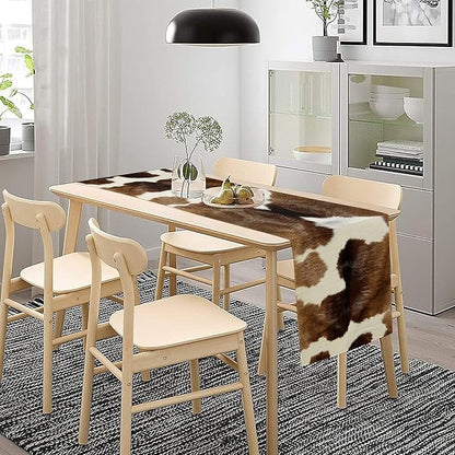 Cow Skin Print Table Runner Farmhouse Western White Brown Cowhide Rustic Cottage Country Seasonal Spring Fall Kitchen Dining Table Decoration for Home Party Dinner 13x70cm