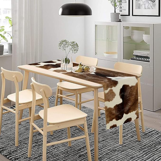 Cow Skin Print Table Runner Farmhouse Western White Brown Cowhide Rustic Cottage Country Seasonal Spring Fall Kitchen Dining Table Decoration for Home Party Dinner 13x90cm
