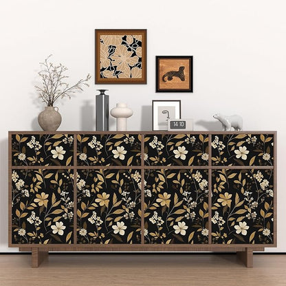 Black Floral Wallpaper Peel and Stick Gold Leaf Contact Paper 17.4" x 118" Boho Wallpaper Waterproof Self Adhesive Wall Covering for Bedroom Countertop Desk Cabinets Decor