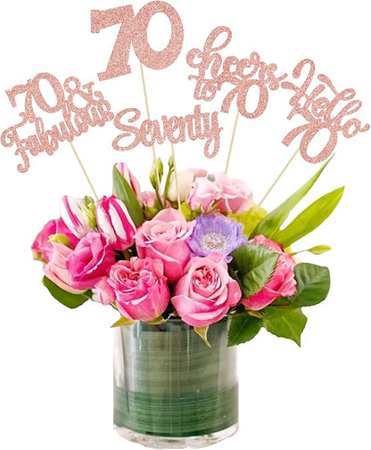 Gyufise 15Pcs 70th Birthday Centerpiece Sticks Seventy Happy 70th Table Flower Centerpieces Sticks Cheers to 70 Floral Decorations for 70th Birthday Party Centerpieces Supplies Rose Gold