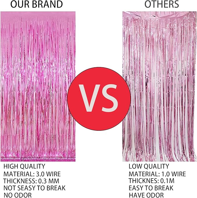 Keyali 4 Pack 3.3 * 8.3 ft Foil Curtain Metallic Tinsel Fringe Curtains Photo Booth Props Backdrop for Birthday Wedding Engagement Baby Shower Christmas Holiday Celebration Partyl,Pink