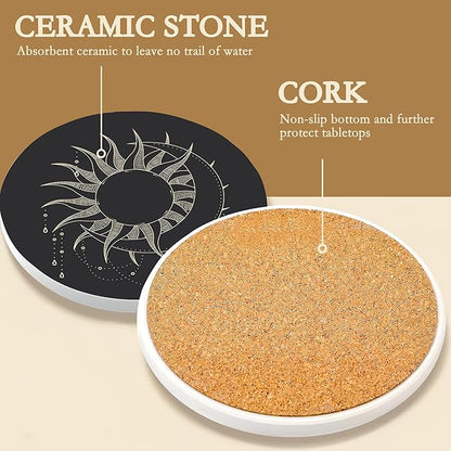 6-Pack Moon Phase Coasters Set with Holder - Absorbent Ceramic Drink Pads, Non-Slip Table Protectors for Coffee & Glasses