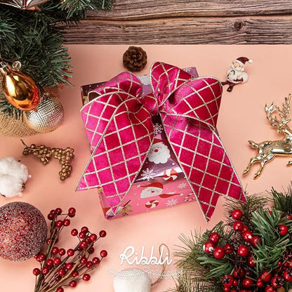 Ribbli Hot Pink Velvet Ribbon Wired with Glitter Diamond Grid 2-1/2 Inch Christmas Ribbon for Christmas Tree Decoration Big Bow Gift Wrapping Crafts Wreaths Garland Supplies - 10 Yards