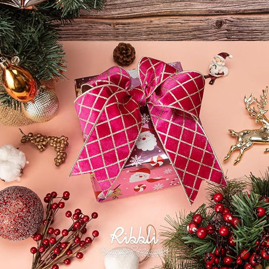 Ribbli Hot Pink Velvet Ribbon Wired with Glitter Diamond Grid 2-1/2 Inch Christmas Ribbon for Christmas Tree Decoration Big Bow Gift Wrapping Crafts Wreaths Garland Supplies - 10 Yards