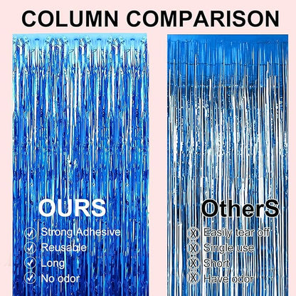 2 Pack 3.28 ft x 6.56 ft Blue Tinsel Curtain Party Backdrop Decorations, Metallic Foil Fringe Backdrop Door for Halloween, Christmas, Birthday Graduatio