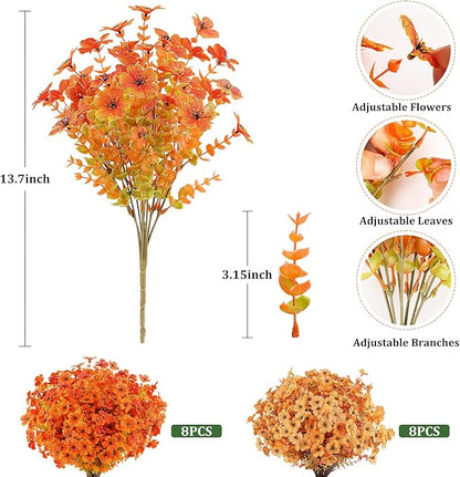 AmyHomie 16 Bundles Fall Orange Yellow Artificial Flowers for Outdoor Fall Decor UV Resistant Faux Flowers No Fade Fake Plastic Plants Garden Porch Window Box Decorating
