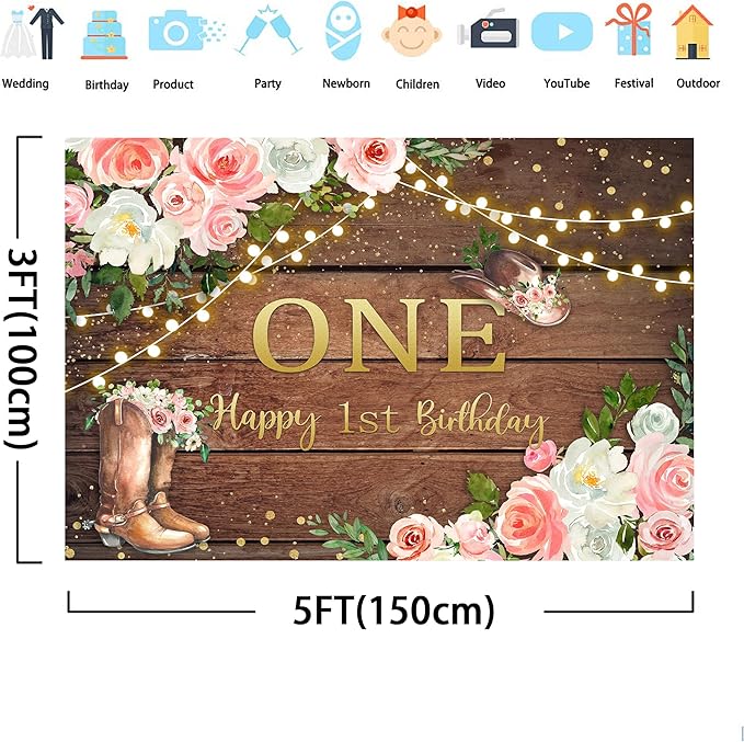 SVBright Cowgirl First Birthday Backdrop 5Wx3H Western Rustic Country Retro Wooden Plank Pink Flower Happy Birthday Baby Shower Wood Hat Decorations Photography Background Banner Photo Booth Studio